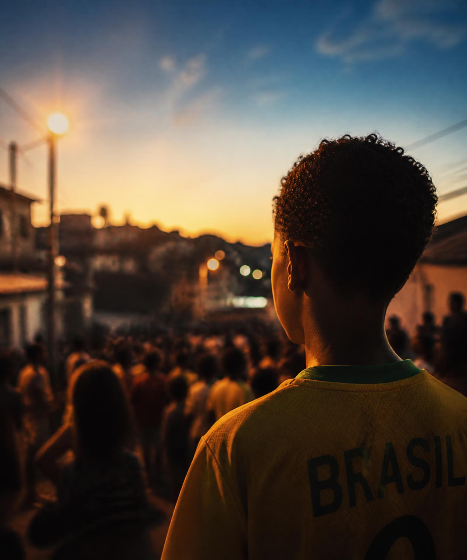 Fim de tarde em uma comunidade brasileira, pessoas reunidas na rua